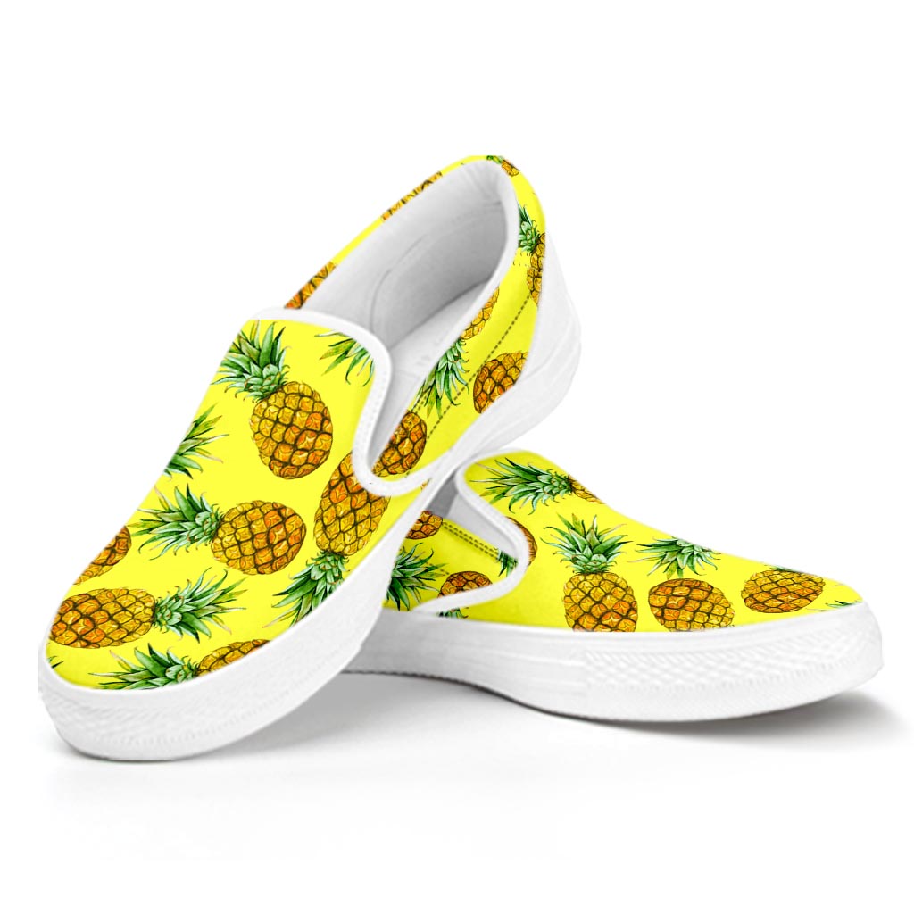 Pastel Yellow Pineapple Pattern Print White Slip On Sneakers