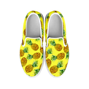 Pastel Yellow Pineapple Pattern Print White Slip On Sneakers