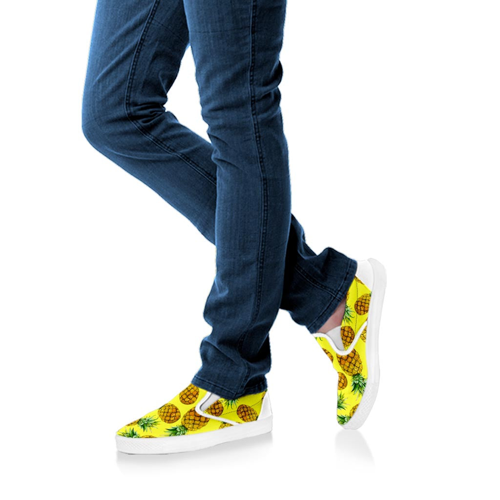 Pastel Yellow Pineapple Pattern Print White Slip On Sneakers