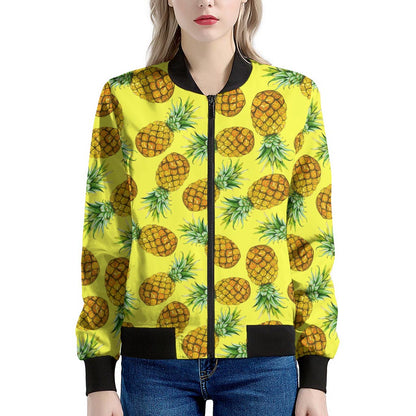 Pastel Yellow Pineapple Pattern Print Women's Bomber Jacket