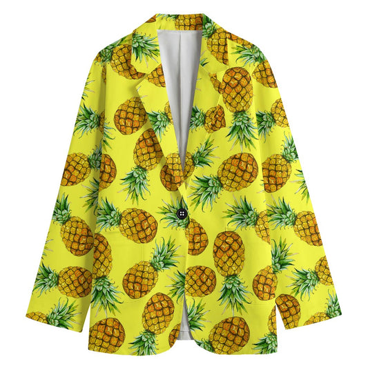Pastel Yellow Pineapple Pattern Print Women's Cotton Blazer