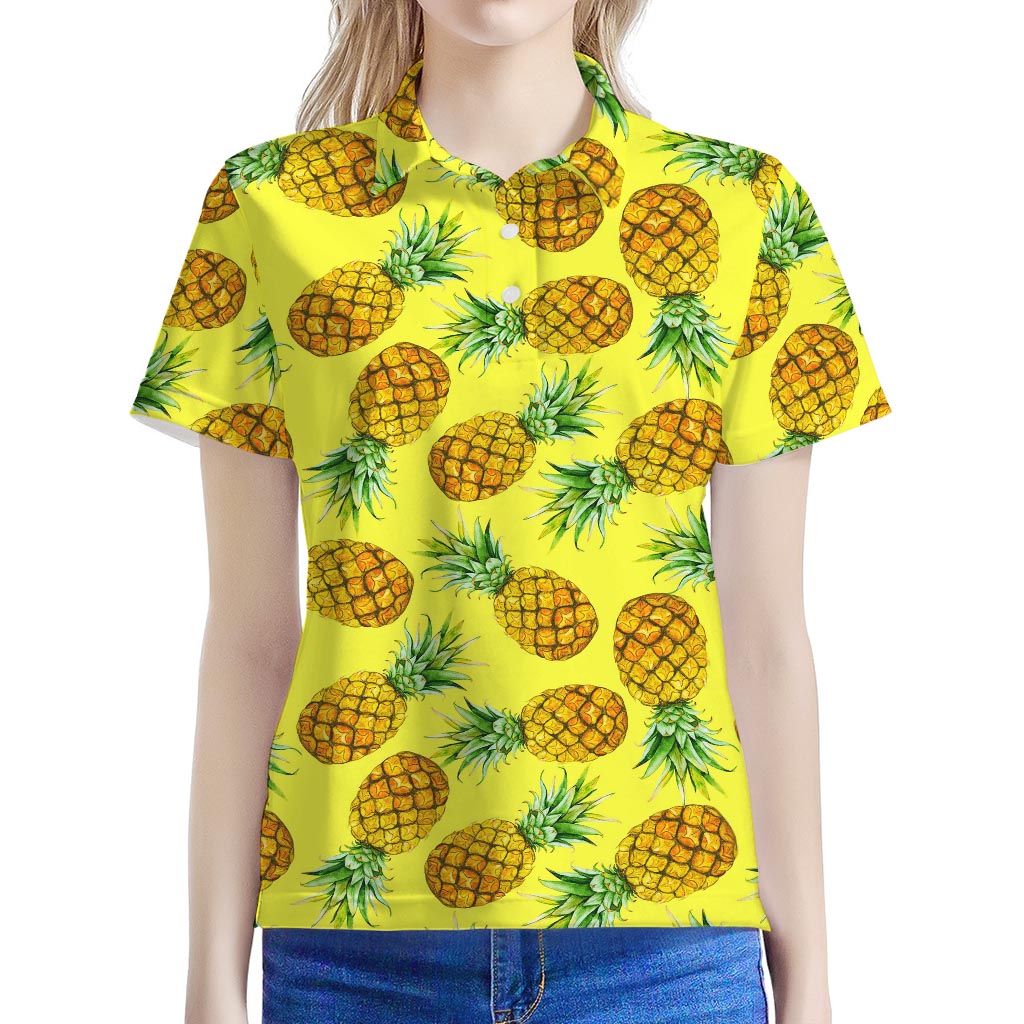 Pastel Yellow Pineapple Pattern Print Women's Polo Shirt