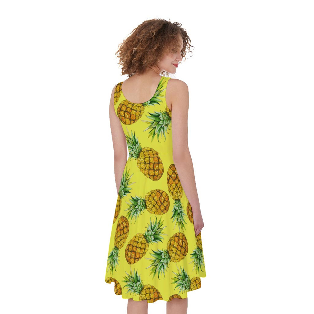 Pastel Yellow Pineapple Pattern Print Women's Sleeveless Dress