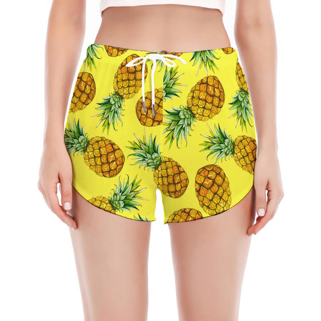 Pastel Yellow Pineapple Pattern Print Women's Split Running Shorts