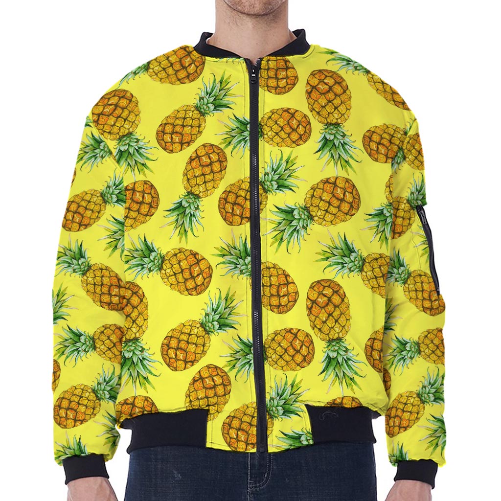 Pastel Yellow Pineapple Pattern Print Zip Sleeve Bomber Jacket