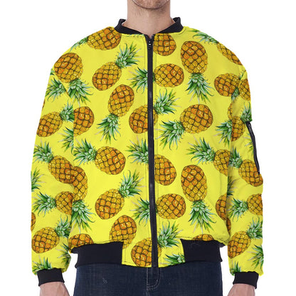 Pastel Yellow Pineapple Pattern Print Zip Sleeve Bomber Jacket