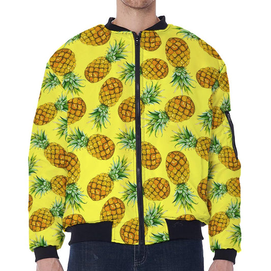 Pastel Yellow Pineapple Pattern Print Zip Sleeve Bomber Jacket