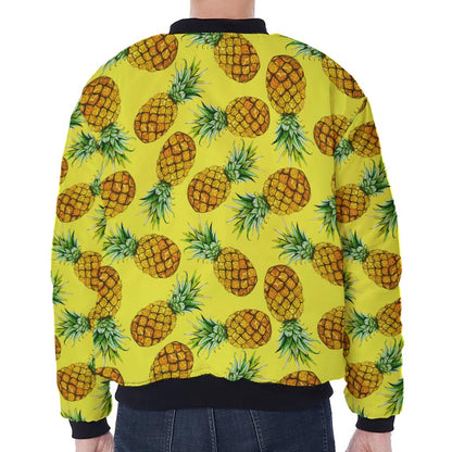 Pastel Yellow Pineapple Pattern Print Zip Sleeve Bomber Jacket