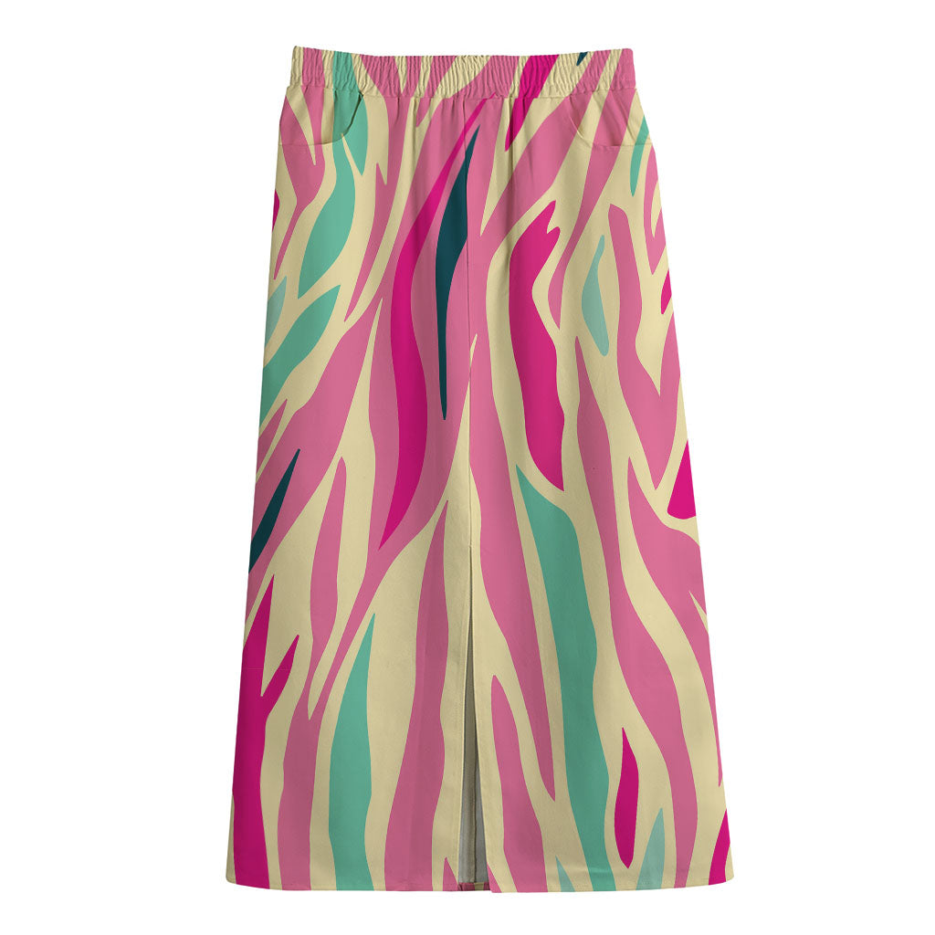 Pastel Zebra Pattern Print Cotton Front Slit Maxi Skirt