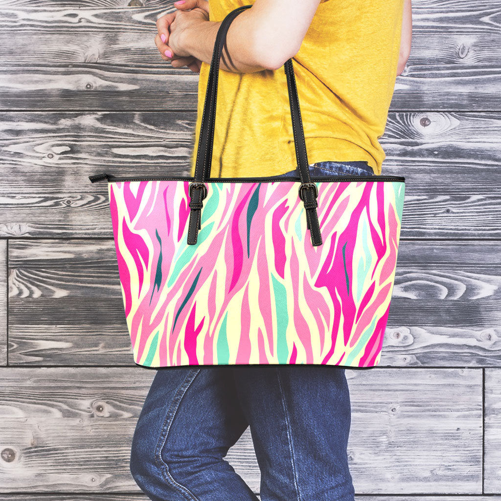 Pastel Zebra Pattern Print Leather Tote Bag