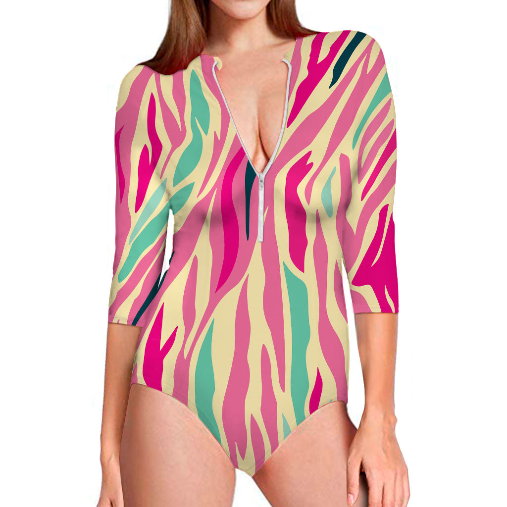 Pastel Zebra Pattern Print Long Sleeve Swimsuit
