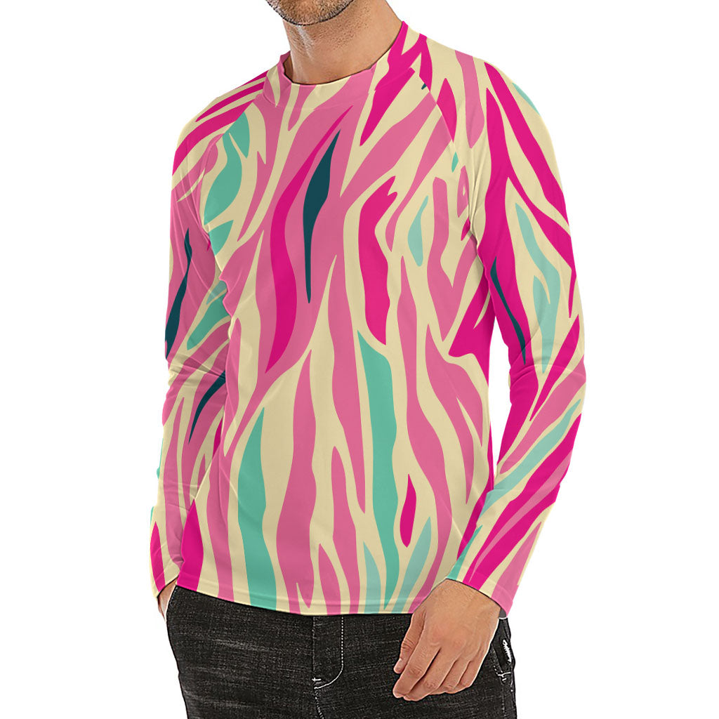 Pastel Zebra Pattern Print Men's Long Sleeve Rash Guard