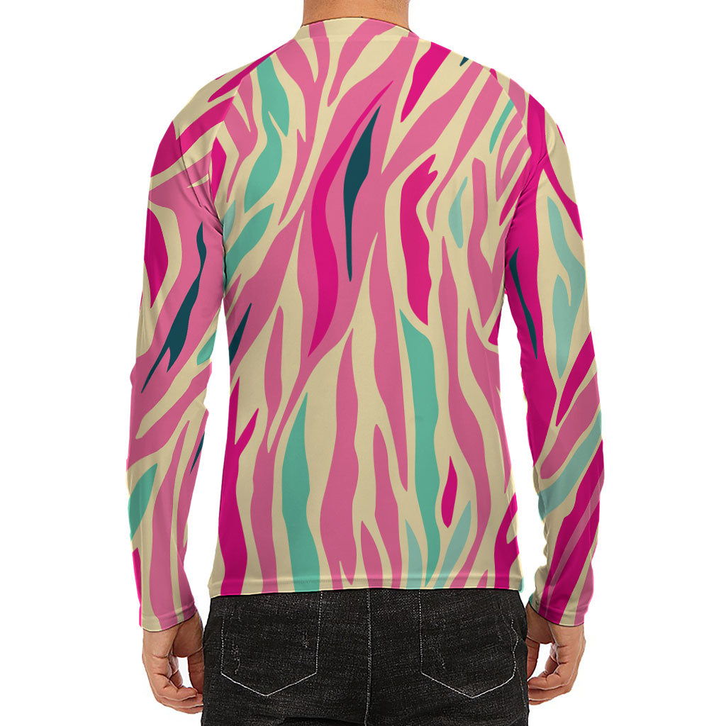 Pastel Zebra Pattern Print Men's Long Sleeve Rash Guard