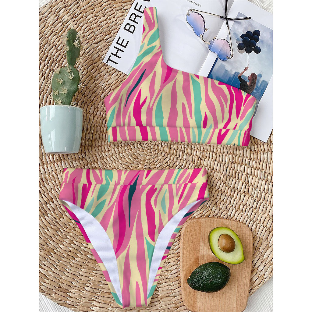 Pastel Zebra Pattern Print One Shoulder Bikini Top