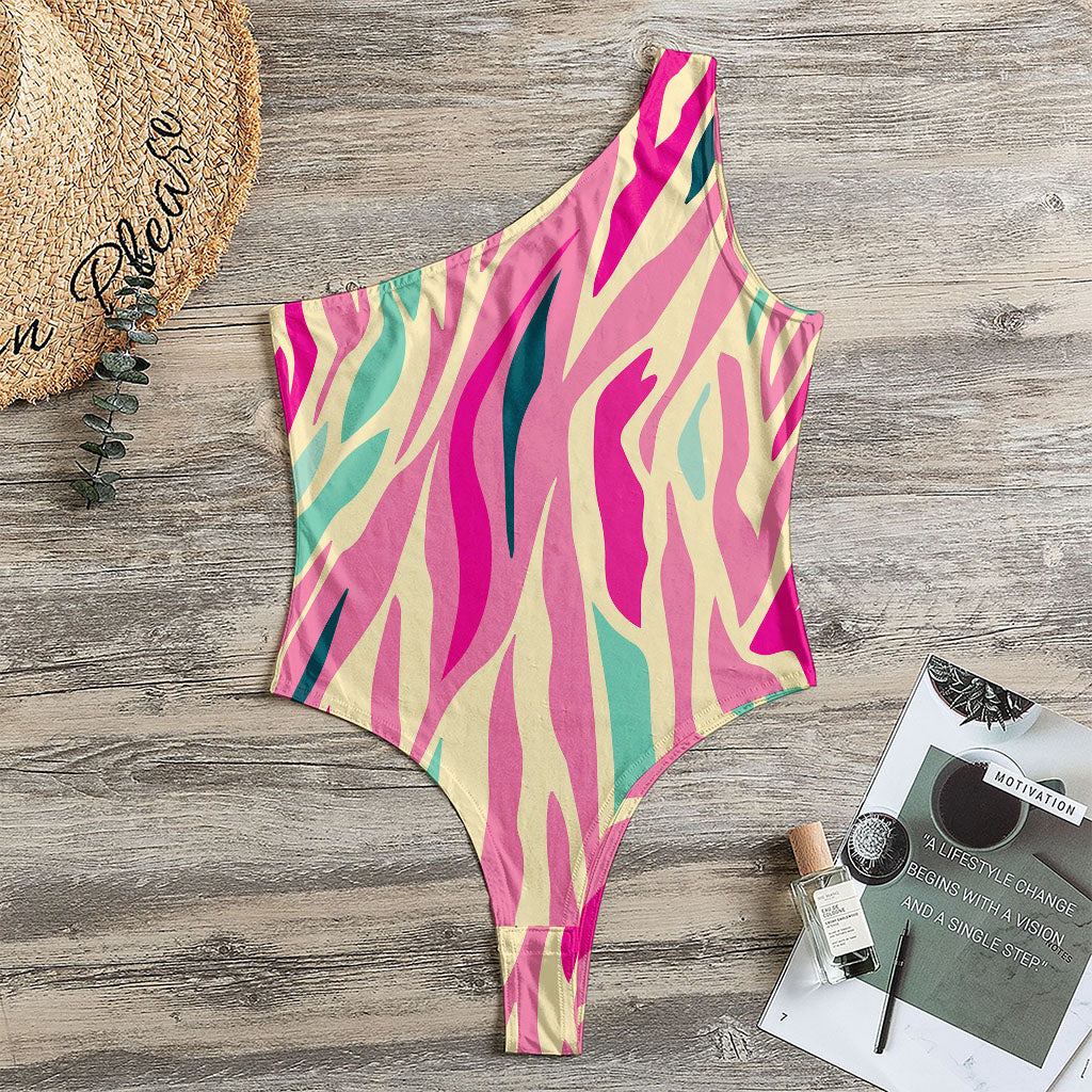 Pastel Zebra Pattern Print One Shoulder Bodysuit