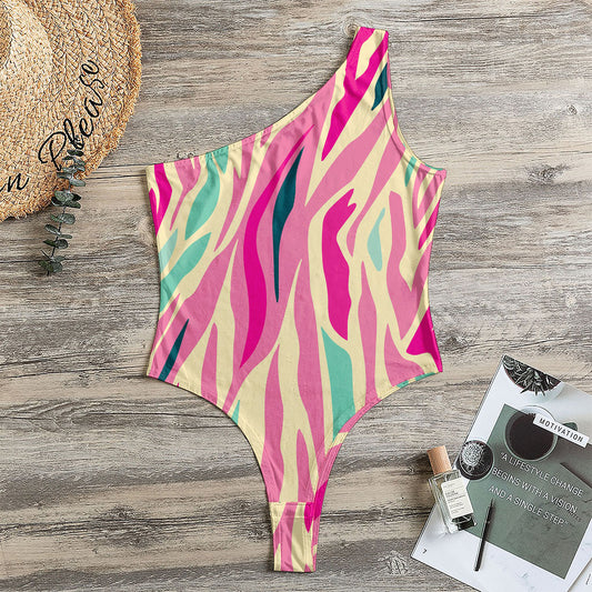 Pastel Zebra Pattern Print One Shoulder Bodysuit