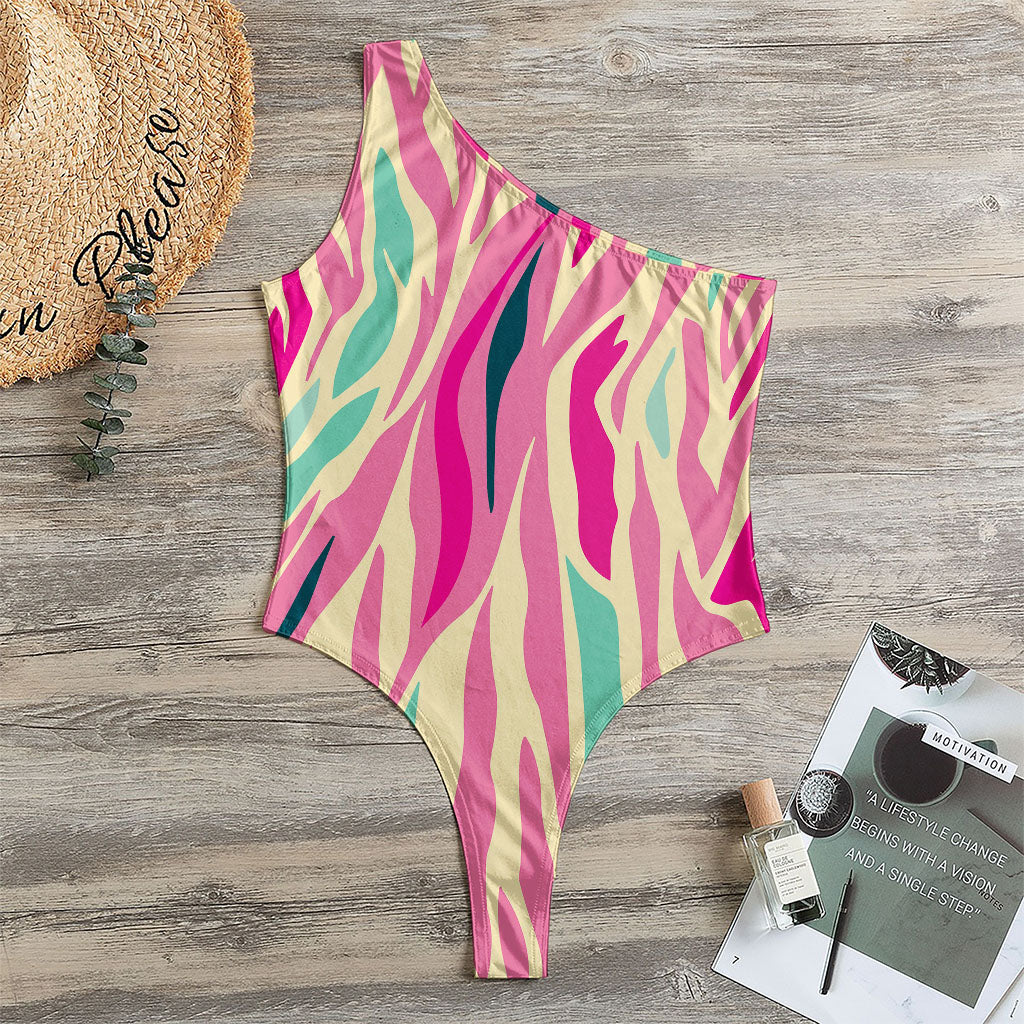 Pastel Zebra Pattern Print One Shoulder Bodysuit