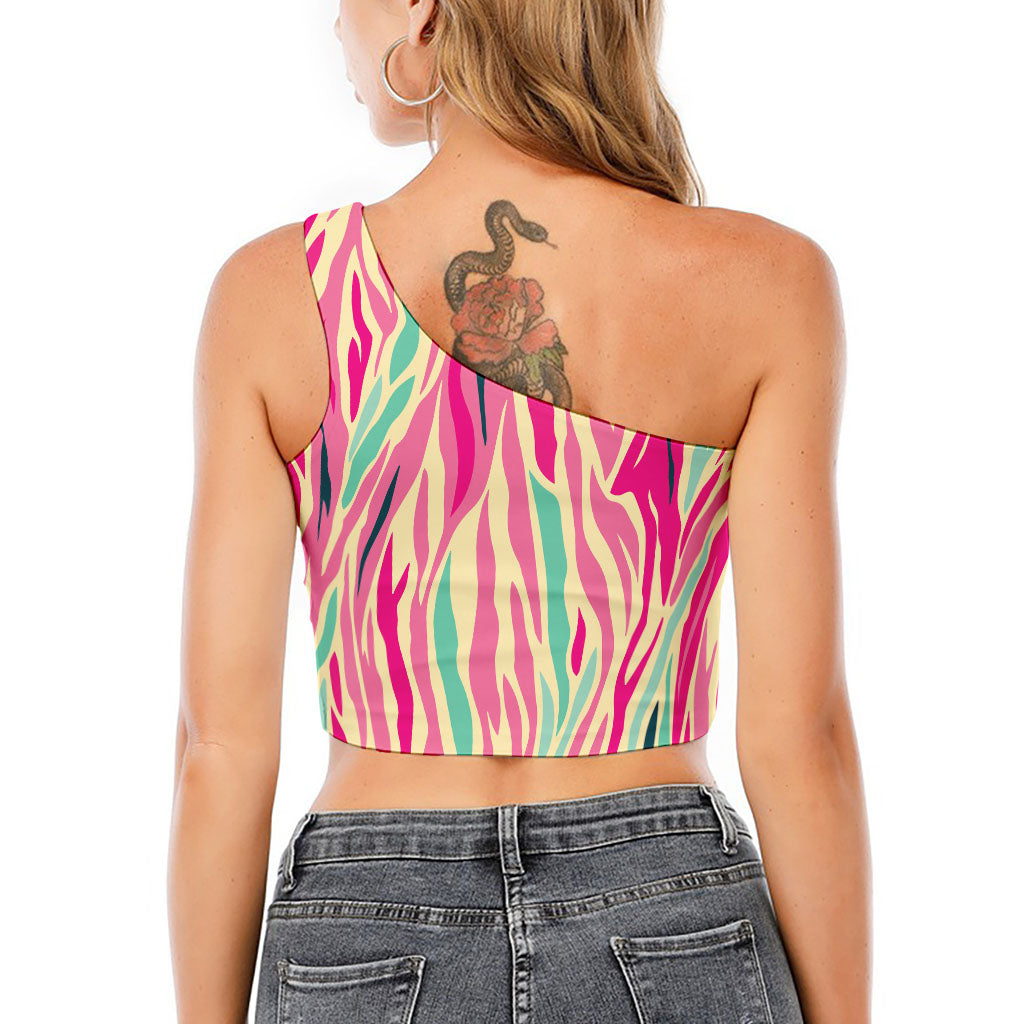 Pastel Zebra Pattern Print One Shoulder Crop Top