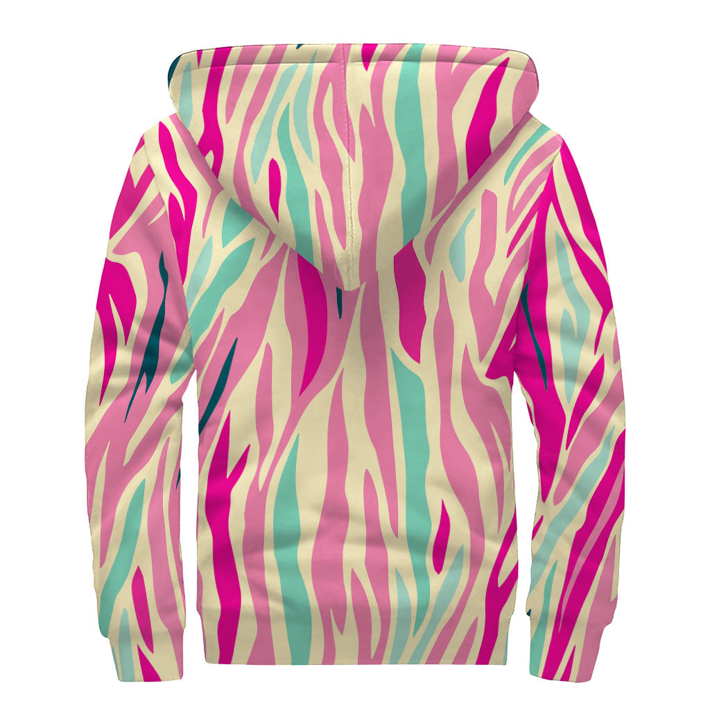 Pastel Zebra Pattern Print Sherpa Lined Zip Up Hoodie