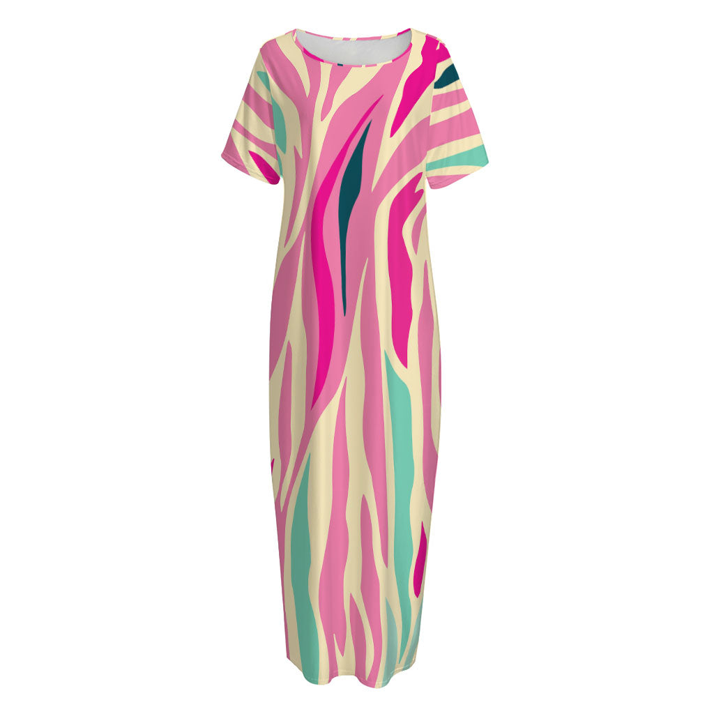 Pastel Zebra Pattern Print Short Sleeve Long Nightdress