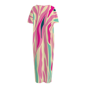 Pastel Zebra Pattern Print Short Sleeve Long Nightdress