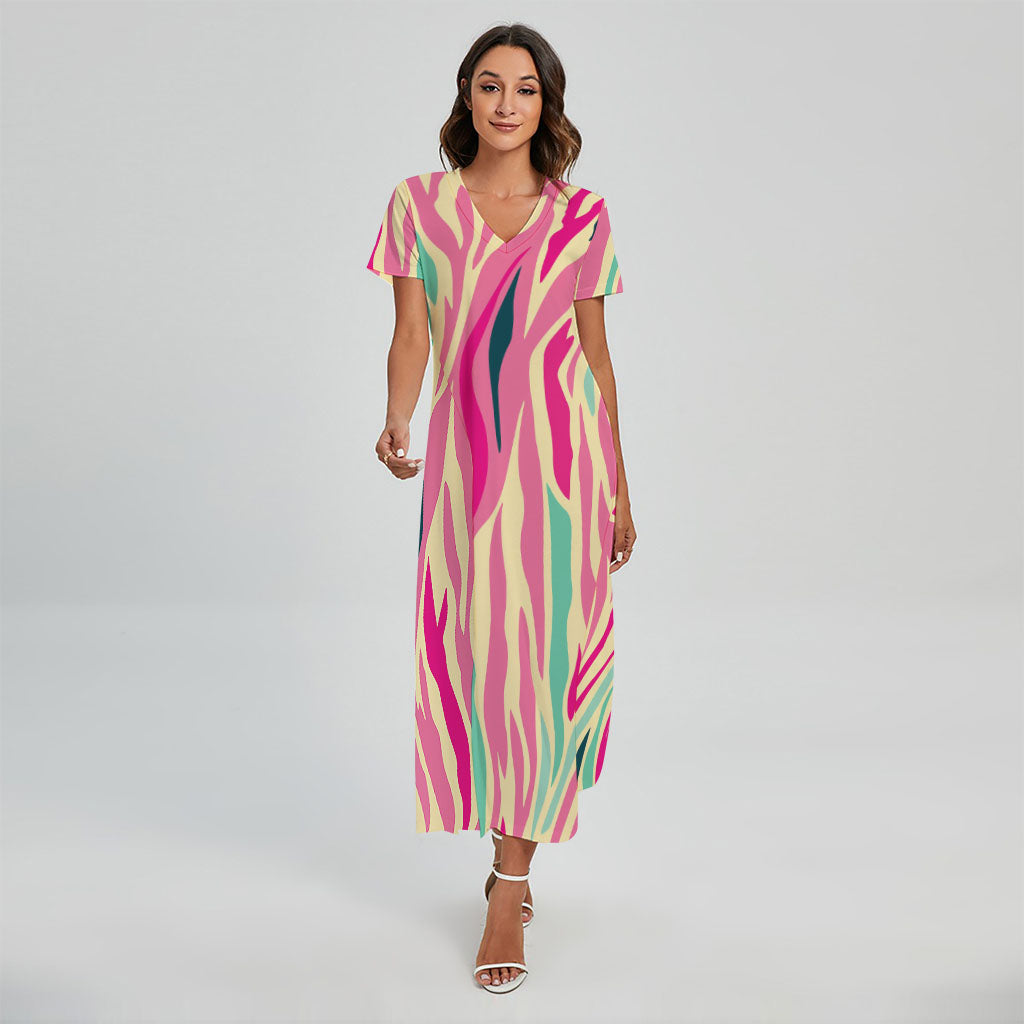 Pastel Zebra Pattern Print Short Sleeve Maxi Dress