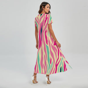 Pastel Zebra Pattern Print Short Sleeve Maxi Dress