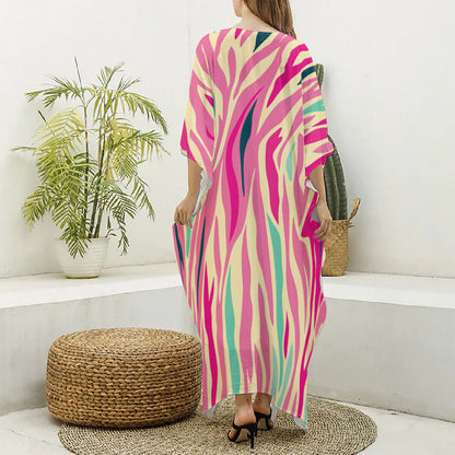 Pastel Zebra Pattern Print Silk V-Neck Kaftan Dress