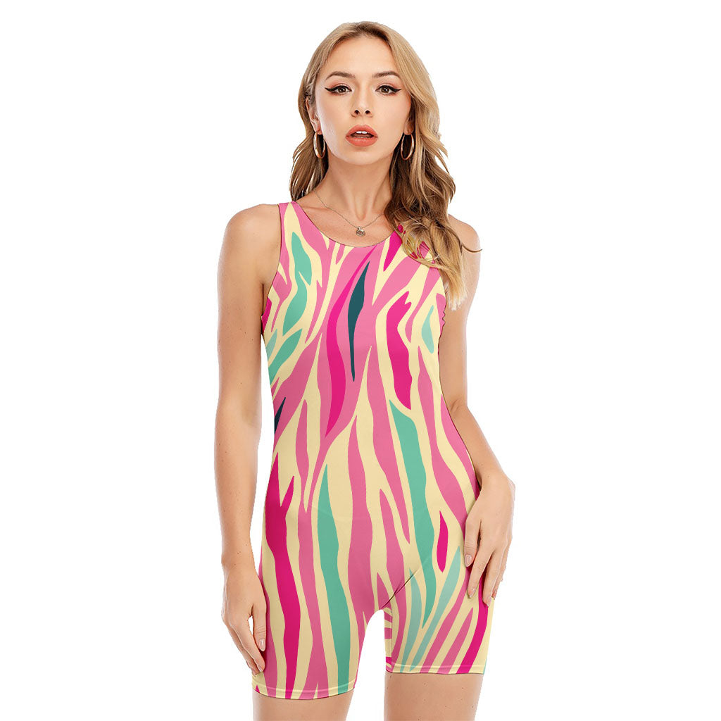 Pastel Zebra Pattern Print Sleeveless One Piece Swimsuit