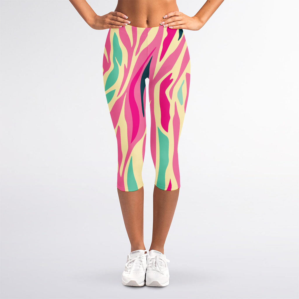 Pastel Zebra Pattern Print Women's Capri Leggings