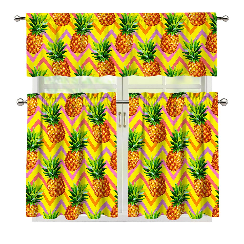 Pastel Zig Zag Pineapple Pattern Print 3 Piece Kitchen Curtains