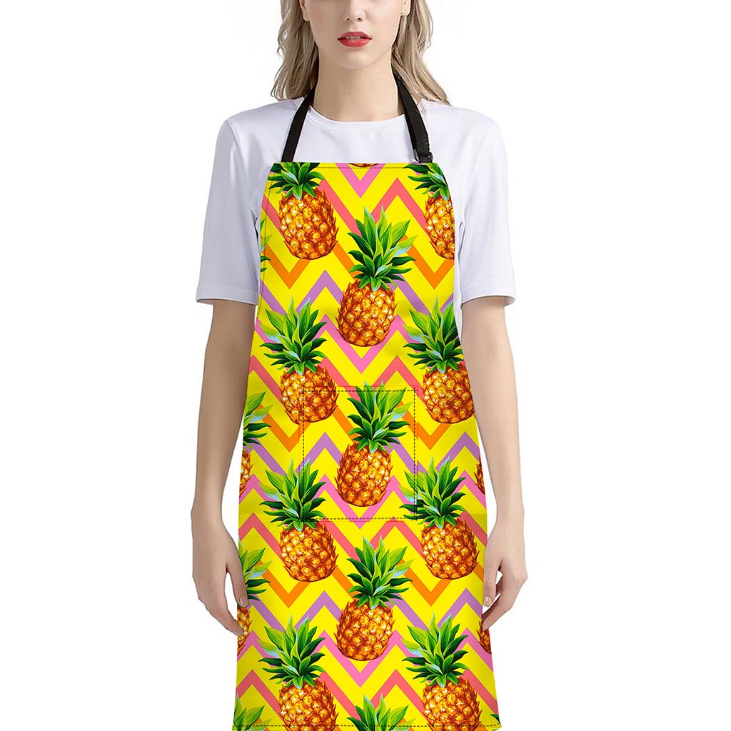 Pastel Zig Zag Pineapple Pattern Print Bib Apron With Pocket