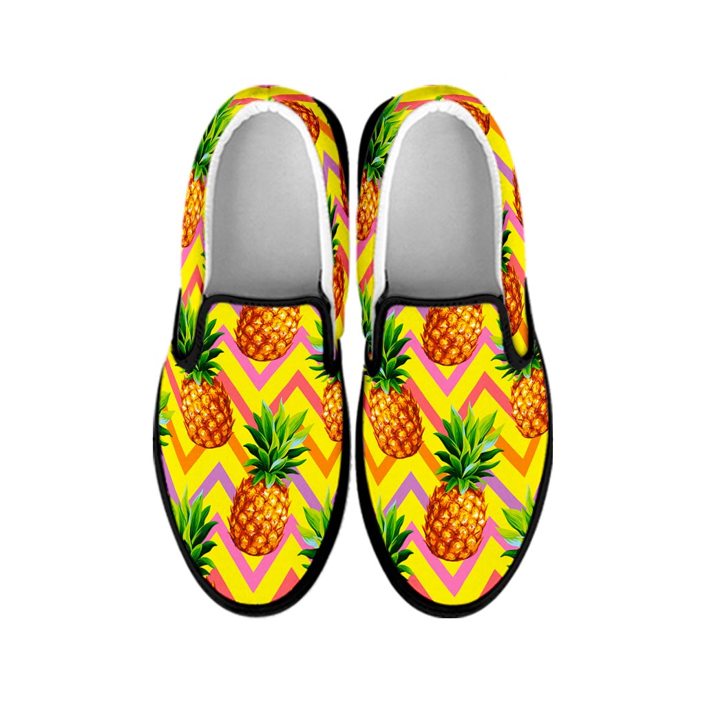 Pastel Zig Zag Pineapple Pattern Print Black Slip On Sneakers
