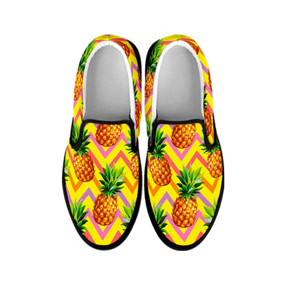 Pastel Zig Zag Pineapple Pattern Print Black Slip On Sneakers