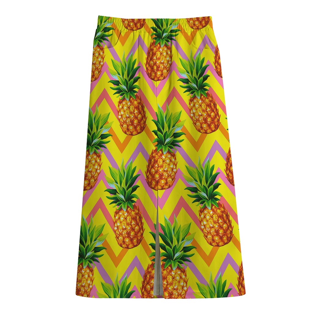 Pastel Zig Zag Pineapple Pattern Print Cotton Front Slit Maxi Skirt