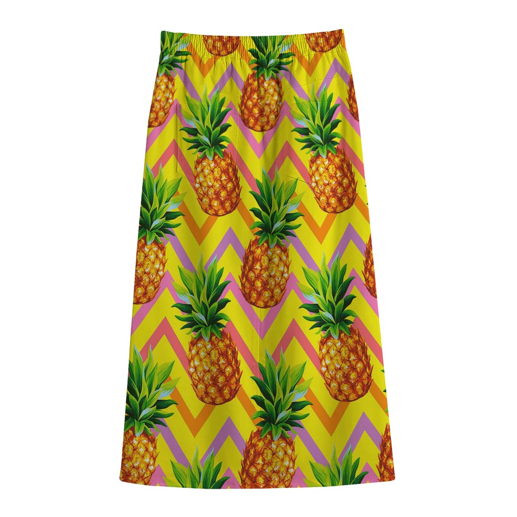 Pastel Zig Zag Pineapple Pattern Print Cotton Front Slit Maxi Skirt