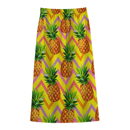Pastel Zig Zag Pineapple Pattern Print Cotton Front Slit Maxi Skirt