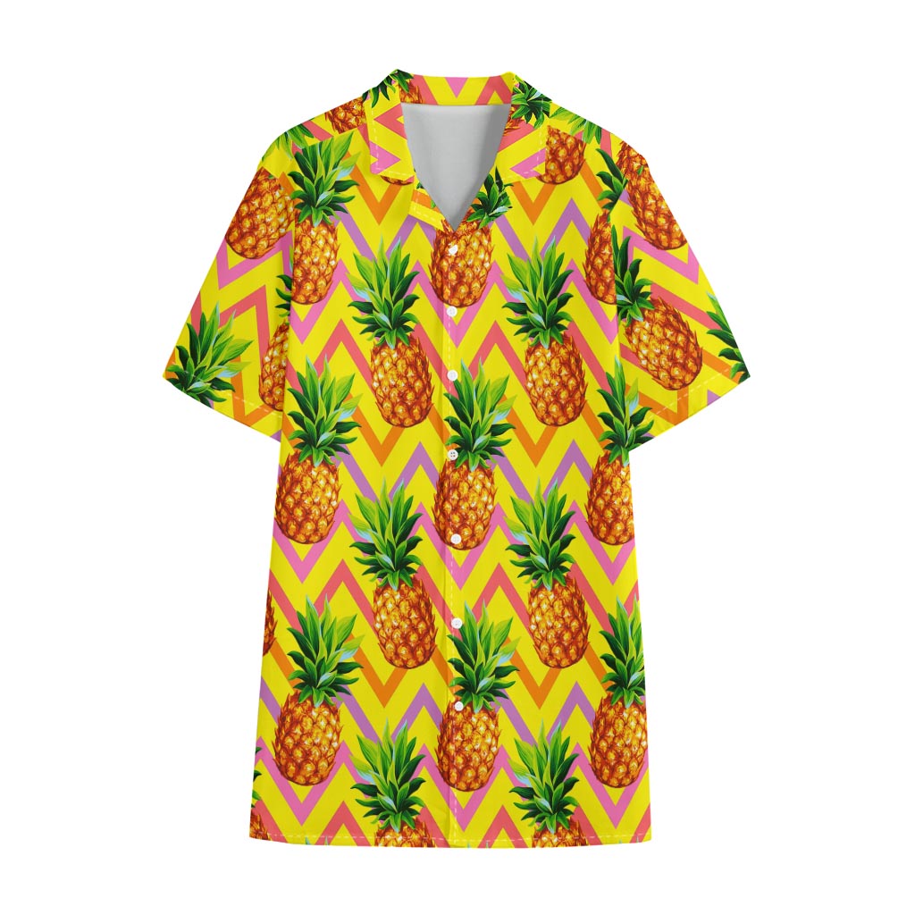 Pastel Zig Zag Pineapple Pattern Print Cotton Hawaiian Shirt