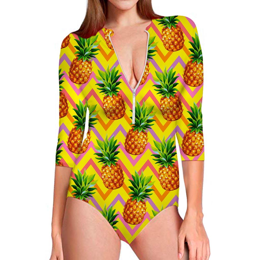 Pastel Zig Zag Pineapple Pattern Print Long Sleeve Swimsuit