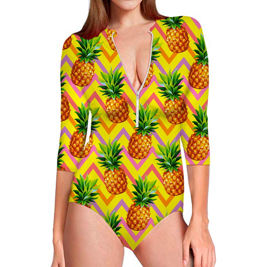 Pastel Zig Zag Pineapple Pattern Print Long Sleeve Swimsuit