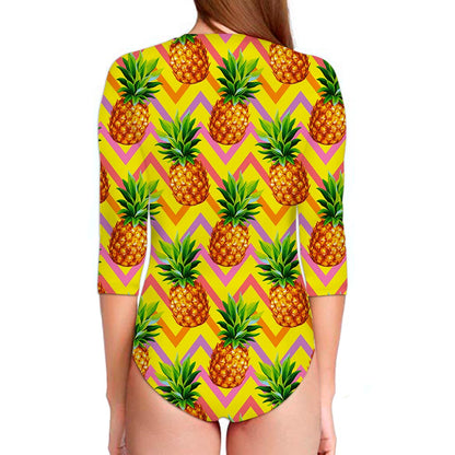 Pastel Zig Zag Pineapple Pattern Print Long Sleeve Swimsuit