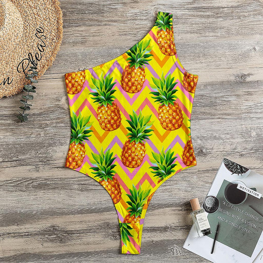 Pastel Zig Zag Pineapple Pattern Print One Shoulder Bodysuit