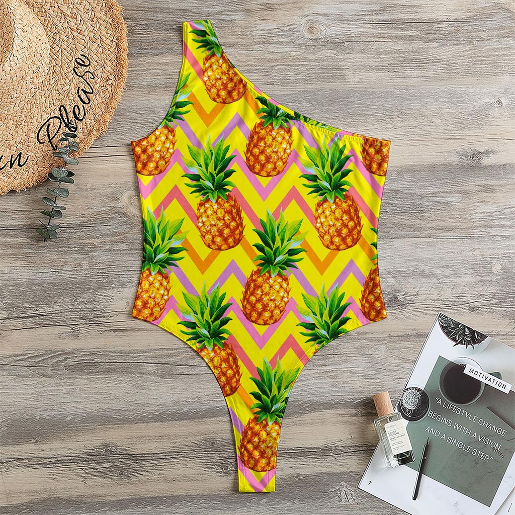Pastel Zig Zag Pineapple Pattern Print One Shoulder Bodysuit