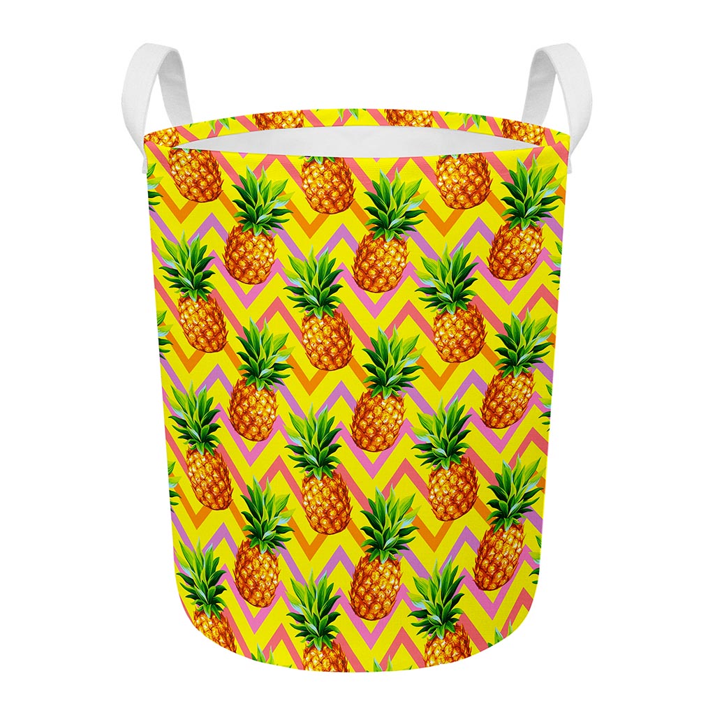 Pastel Zig Zag Pineapple Pattern Print Round Laundry Basket
