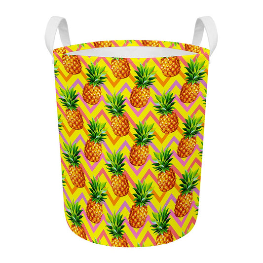 Pastel Zig Zag Pineapple Pattern Print Round Laundry Basket