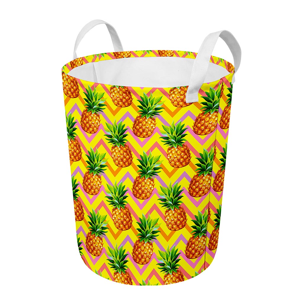 Pastel Zig Zag Pineapple Pattern Print Round Laundry Basket