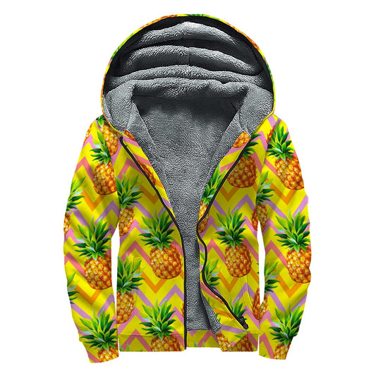 Pastel Zig Zag Pineapple Pattern Print Sherpa Lined Zip Up Hoodie