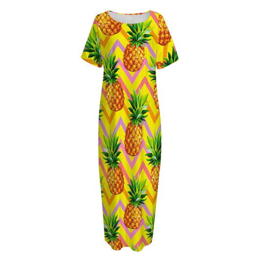 Pastel Zig Zag Pineapple Pattern Print Short Sleeve Long Nightdress