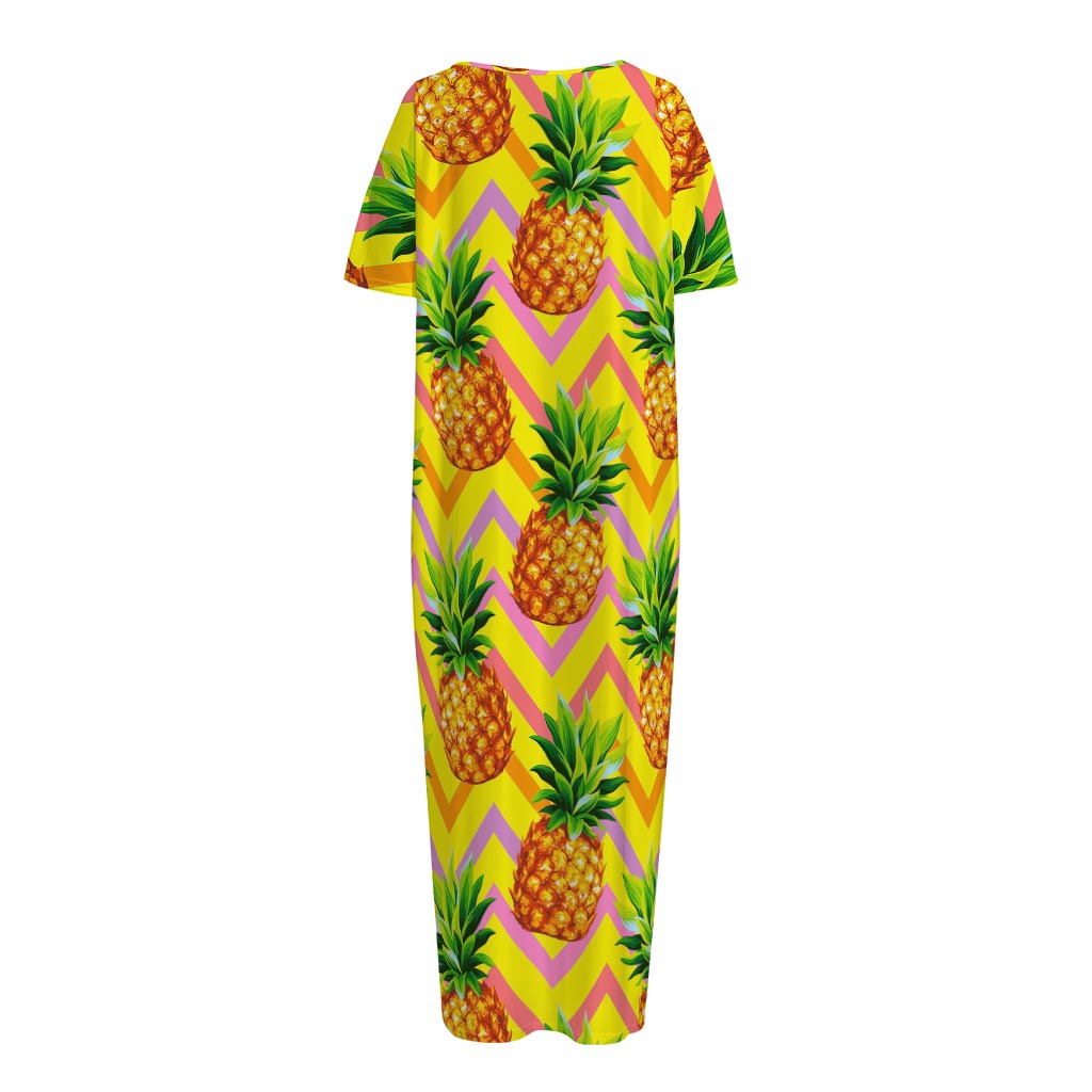 Pastel Zig Zag Pineapple Pattern Print Short Sleeve Long Nightdress
