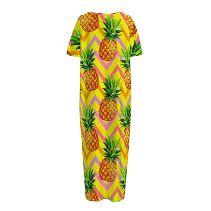 Pastel Zig Zag Pineapple Pattern Print Short Sleeve Long Nightdress